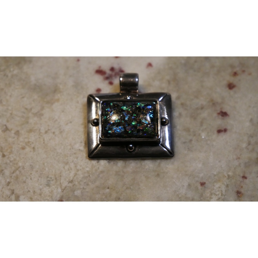 Dichroic Art Glass Square Pendant Iridescent Silver‎ Tone Architectural Charm
